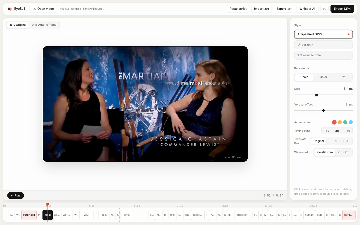EyeStill Studio editor with a two-person interview; the caption sits beside the speaker's mouth, with the word timeline below