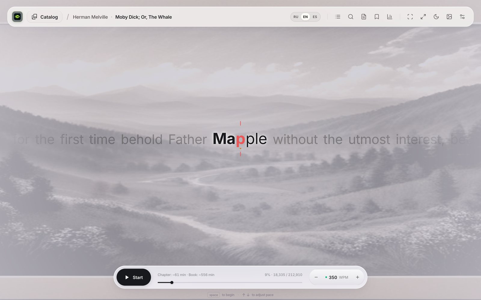 The EyeStill reader in Moby-Dick: one word at the centre with its red focus letter, over a soft illustrated landscape